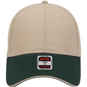 A beige 6 panel low profile baseball cap with a dark green peak and a logo label on the front.