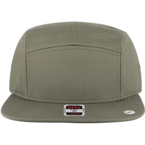 A five-panel camper hat in olive green with a flat brim and a branding logo on the front.