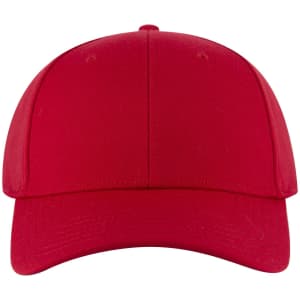 A red six-panel low profile baseball cap featuring a branded logo on the front.