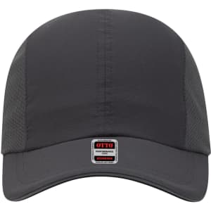 A reflective grey six-panel running cap with a structured peak and mesh side panels, featuring a logo.