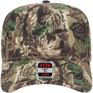 A camo-patterned 5-panel mid-profile cap featuring various shades of green and brown, with a logo on the front.