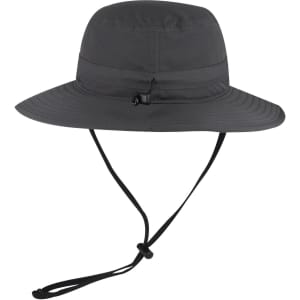 A black polyester pongee boonie hat with a wide brim and adjustable chin strap. Features a logo.