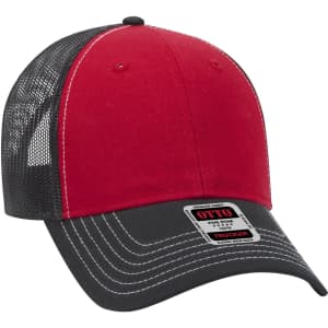 A red and black six-panel low-profile trucker cap with a mesh back and a logo label.