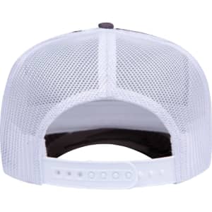 A white and dark cap featuring a high crown and mesh back, with an adjustable strap and a logo.