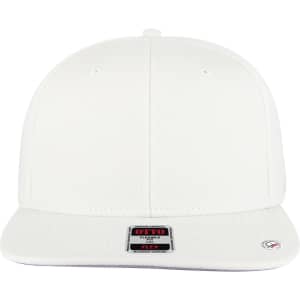 A white 6-panel mid-profile baseball cap with a flat brim and a logo on the front.