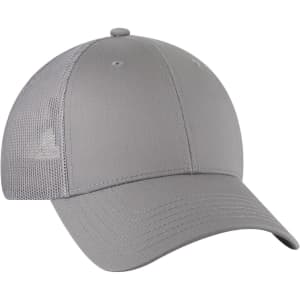 A grey 6 panel low profile trucker cap with a mesh back and a logo on the front.