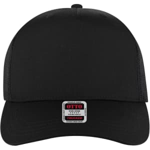 A black 5 panel mid profile trucker cap featuring a mesh back and an attached logo label.