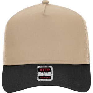 A beige and black 5 Panel Mid Profile Trucker Cap with a logo on the front.
