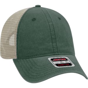 A green trucker cap with a low profile and mesh back. It features a logo on the front.