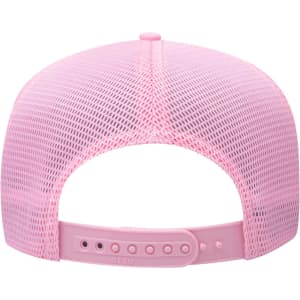 A pink high crown mesh back trucker hat featuring a branded logo on the rear adjustable strap.