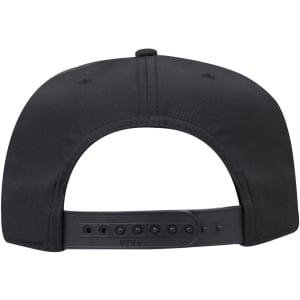 A black 5-panel mid-profile baseball cap featuring an adjustable strap and a plain design on the back.