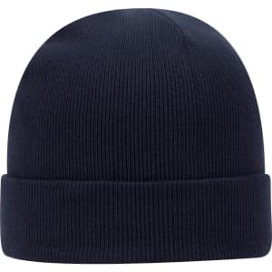 A classic navy blue knit beanie with a folded cuff and ribbed texture, featuring a logo.