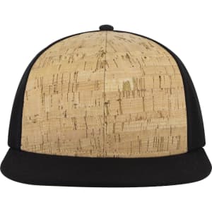 A snapback cap featuring a cork-textured top with a black visor and side panels, complete with a logo.