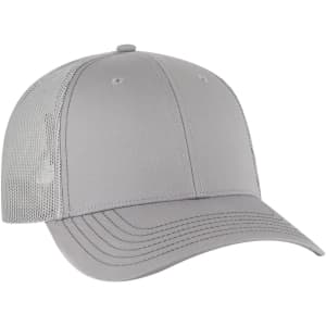A grey 6-panel low profile trucker cap with a mesh back and a curved visor. It features a logo on the side.