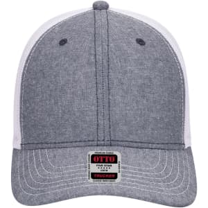 A grey and white 6 panel low profile trucker cap with a logo on the front.