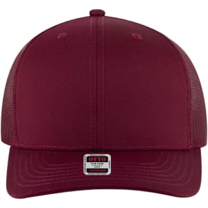 A maroon 6 Panel Mid Profile Trucker Cap featuring a mesh back and a logo on the front.