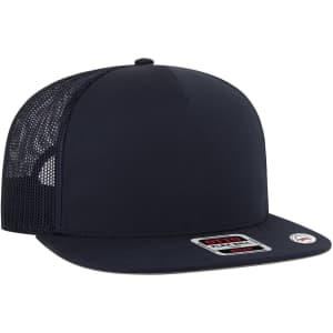 A navy blue 5 Panel Pro Style Trucker Cap featuring a mesh back and a branded patch on the front.