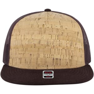 A 5 panel pro style trucker cap featuring a cork front and dark brown mesh sides. It has a logo on the front.