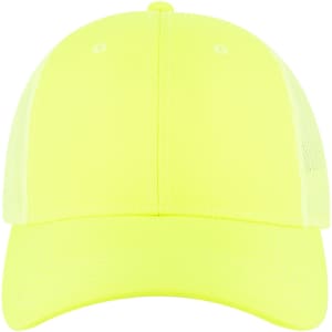A bright yellow 6 panel low profile trucker cap with mesh side panels and a curved brim. It features a logo.