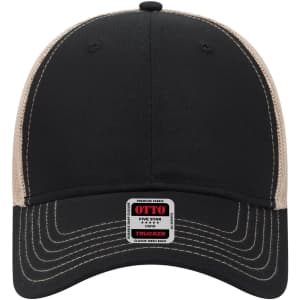 A black and beige low profile trucker cap with a logo on the front and mesh panels at the back.