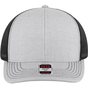 A grey mid-profile trucker cap with a black mesh back and a branded label on the front.
