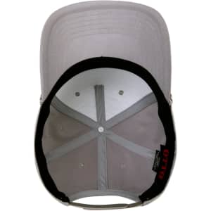 A grey 5 panel mid-profile baseball cap with an inner view displaying fitted lining and a logo.