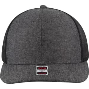 A grey trucker cap with a mid-profile design and mesh sides, featuring a logo on the front.