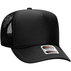 A black 5 Panel High Crown Trucker Cap featuring a mesh back and a logo tag on the front.