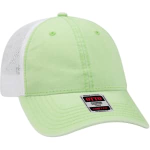 A light green and white six-panel low profile trucker cap with a mesh back and a branded label.