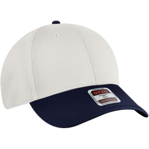 A low-profile baseball cap featuring a white crown and navy blue brim, with a logo on the front.