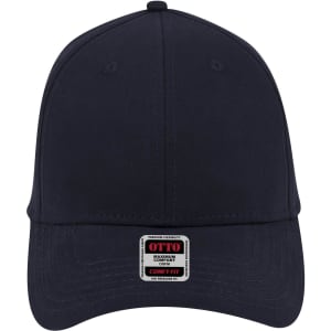 A navy blue 6 panel low profile baseball cap with a logo on the front and ventilation eyelets.