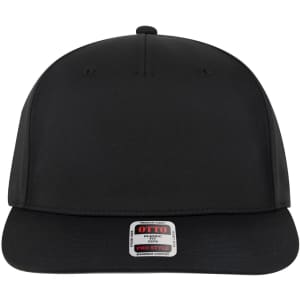 A black 5 panel pro style snapback hat with a flat brim and a branded label on the front.
