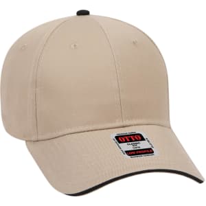 A beige low profile baseball cap with a black underbrim and a logo tag on the front.