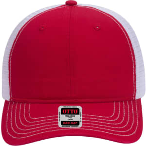 A red low profile trucker dad cap with white mesh panels and a logo on the front.