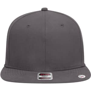 A grey 6-panel mid-profile snapback cap with a flat brim and a logo on the side.