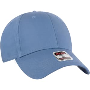 A light blue 6 panel low profile baseball cap with a logo on the front.