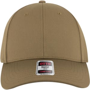 A tan six-panel low profile baseball cap with a branding label on the front.