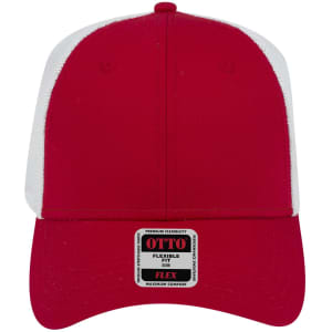 A red and white 6-panel low profile trucker cap with a logo on the front and a flexible fit label.