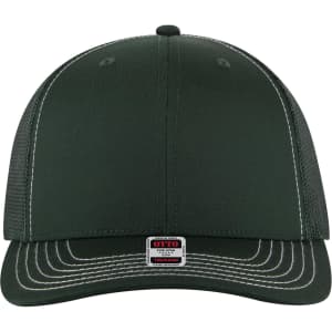 A dark green 6-panel mid-profile trucker cap featuring a mesh back and contrasting stitching, with a logo on the front.