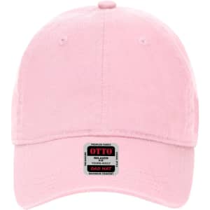 A pink 6-panel low profile dad cap featuring a logo on the front and a relaxed fit design.