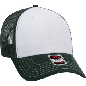 A white and dark green 6 panel low profile trucker cap with mesh sides and a logo on the front.