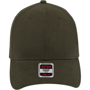 An olive green low profile baseball cap with a branded label on the front and six panels.
