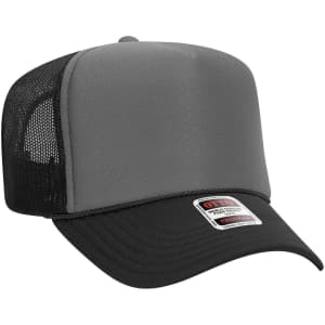 A 5 Panel High Crown Trucker Cap in grey with a black brim and mesh rear panels. Features a logo on the front.