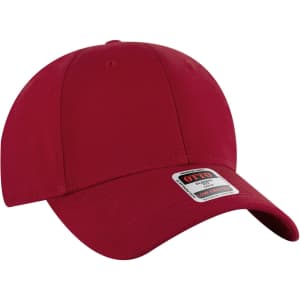 A red 6-panel low profile baseball cap with a logo on the front.