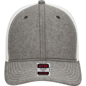 A grey six-panel low profile trucker cap with a white mesh back and a logo on the front.