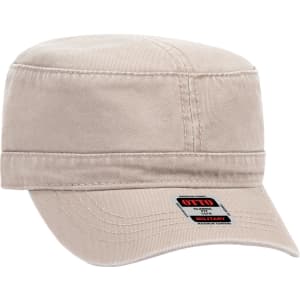 A military hat in a light beige colour with a structured crown and a logo on the side.