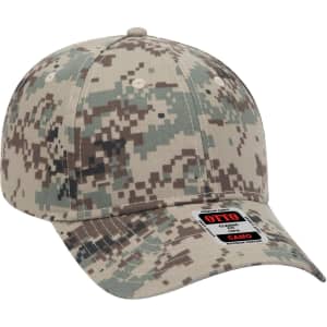 A camo-patterned baseball cap in shades of grey and beige, featuring a branding logo on the front.
