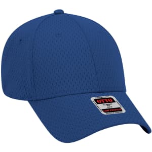A blue 6 panel low profile baseball cap with a logo tag on the front. The fabric features a mesh design.