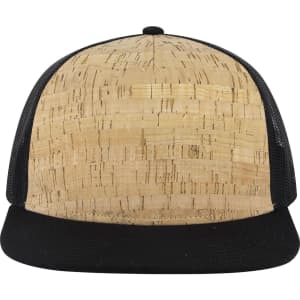 A 5 Panel Pro Style Trucker Cap featuring a cork front and black mesh backing. It has a solid black peak and underside.