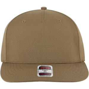 A khaki 5 panel pro style snapback hat featuring a front panel and a logo tag at the brim.